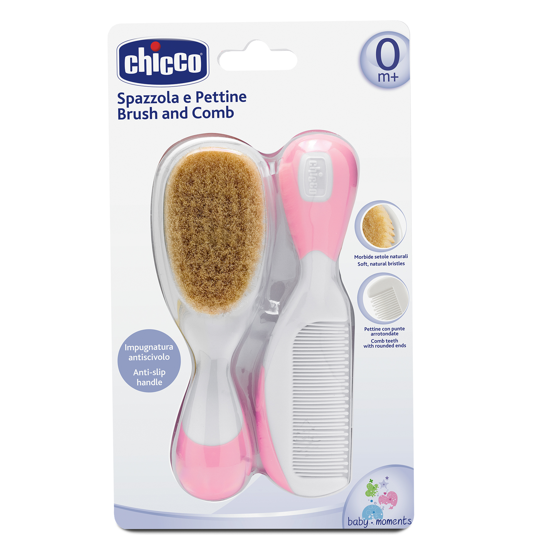 Chicco Βρεφική Βούρτσα και Χτένα Από Φυσική Τρίχα Ροζ Για 0+ Μηνών - Image 2
