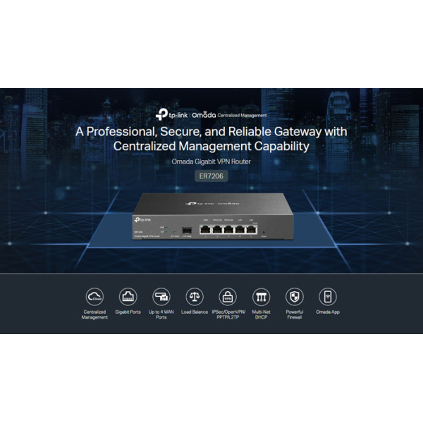 Alternative view of TP-LINK Gigabit VPN Router ER7206, 5x Gigabit & 1x SFP port, Ver. 1.0