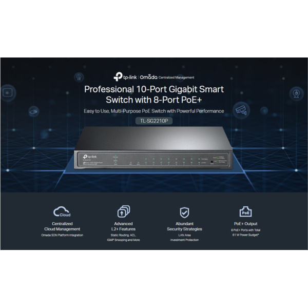 Alternative view of TP-LINK JetStream switch TL-SG2210P, 10-Port Gigabit, 8x PoE+, Ver. 5.0
