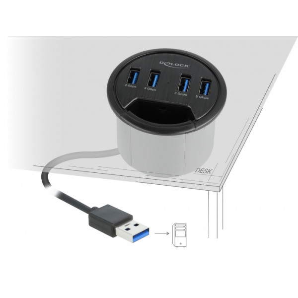 Alternative view of DELOCK USB hub 64153, 4x θυρών, 5Gbps, Φ60mm, USB σύνδεση, μαύρο