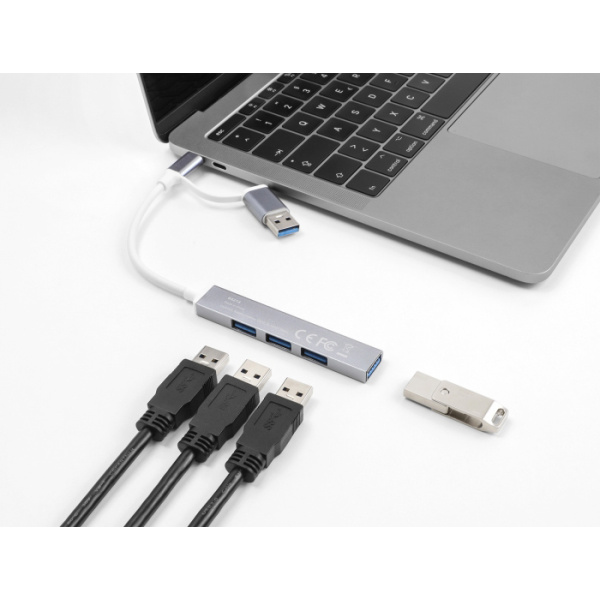 Alternative view of DELOCK USB hub 64214, 4x θυρών, 5Gbps, USB & USB-C σύνδεση, γκρι