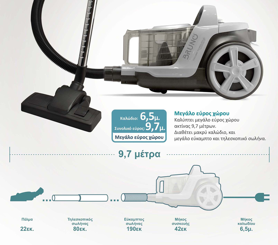 BRUNO ηλεκτρική σκούπα BRN-0137, 800W, 3lt, κυκλωνική, λευκή - Image 7