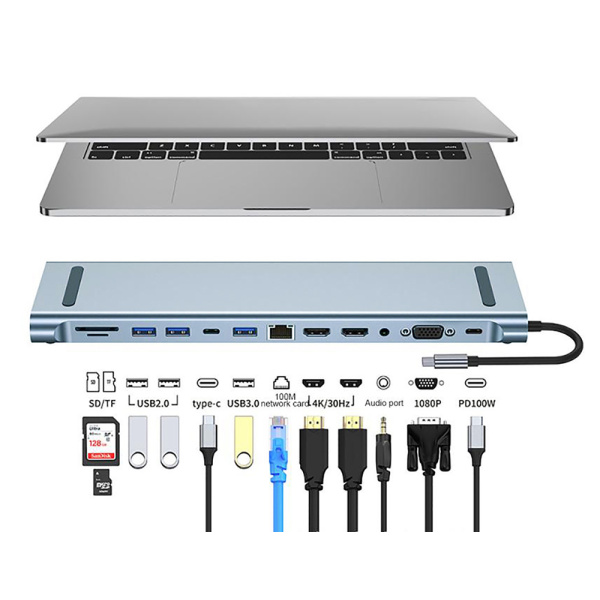 Alternative view of POWERTECH docking station BYL-2003U2, 12 θυρών, βάση laptop, USB-C, γκρι
