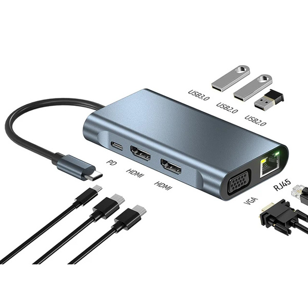 Alternative view of POWERTECH docking station BYL-2311 8 θυρών, USB-C σύνδεση, 100W PD, γκρι
