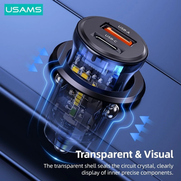 Alternative view of USAMS φορτιστής αυτοκινήτου US-CC164, USB & USB-C, 30W, μαύρος