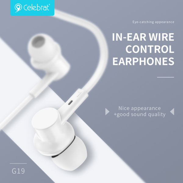 Alternative view of CELEBRAT earphones με μικρόφωνο G19, 3.5mm σύνδεση, Φ10mm, 1.2m, λευκά
