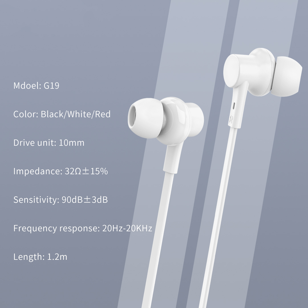 CELEBRAT earphones με μικρόφωνο G19, 3.5mm σύνδεση, Φ10mm, 1.2m, λευκά - Image 4