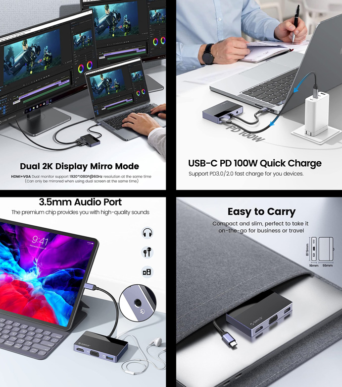 ORICO docking station DM-5P, 5 θυρών, USB-C σύνδεση, 100W PD, 4K, μαύρο - Image 2
