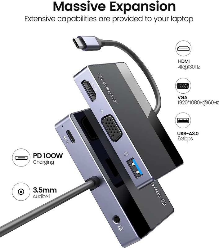 ORICO docking station DM-5P, 5 θυρών, USB-C σύνδεση, 100W PD, 4K, μαύρο - Image 3