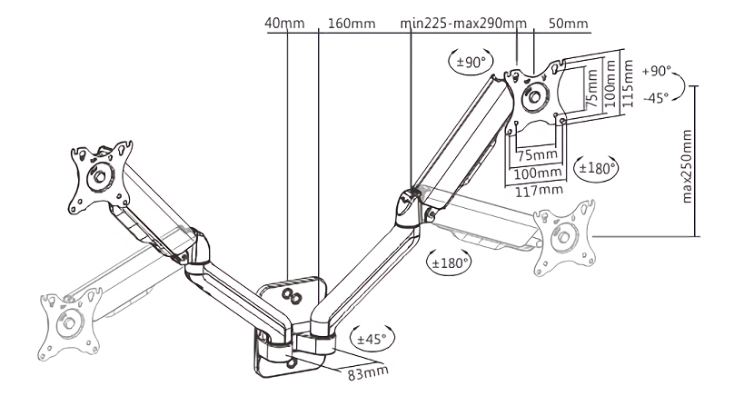BRATECK επιτοίχια βάση για 2x οθόνες LDA32-114, 17-32", έως 9kg - Image 4