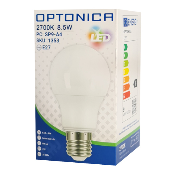 Alternative view of OPTONICA LED λάμπα A60 1353, 8.5W, 2700K, E27, 806lm