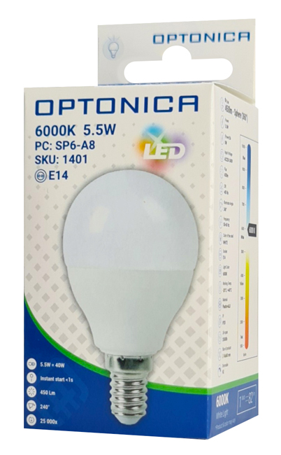 OPTONICA LED λάμπα G45 1401, 5.5W, 6000K, E14, 450lm - Image 3
