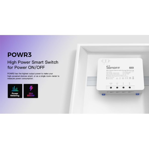 Alternative view of SONOFF smart διακόπτης παρακολούθησης ισχύος POWR3, WiFi, 25A, λευκός