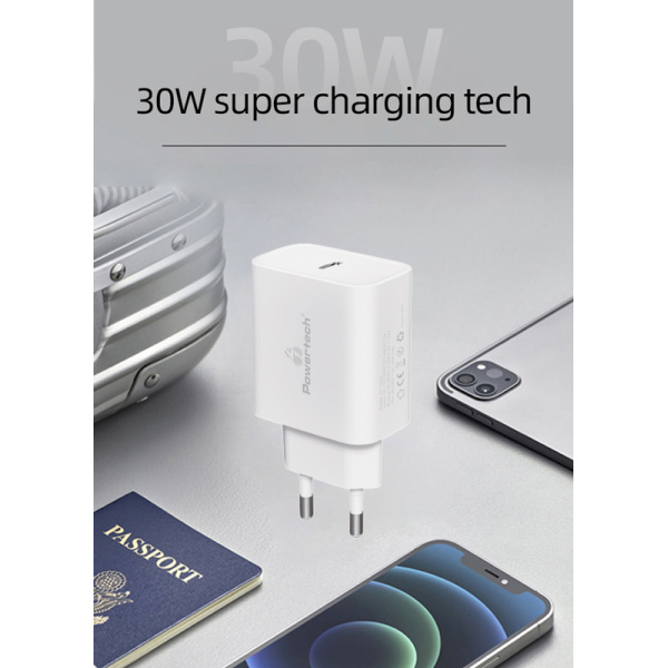 Alternative view of POWERTECH φορτιστής τοίχου PT-1043, USB-C, PD QC3.0, GaN, 30W, λευκός