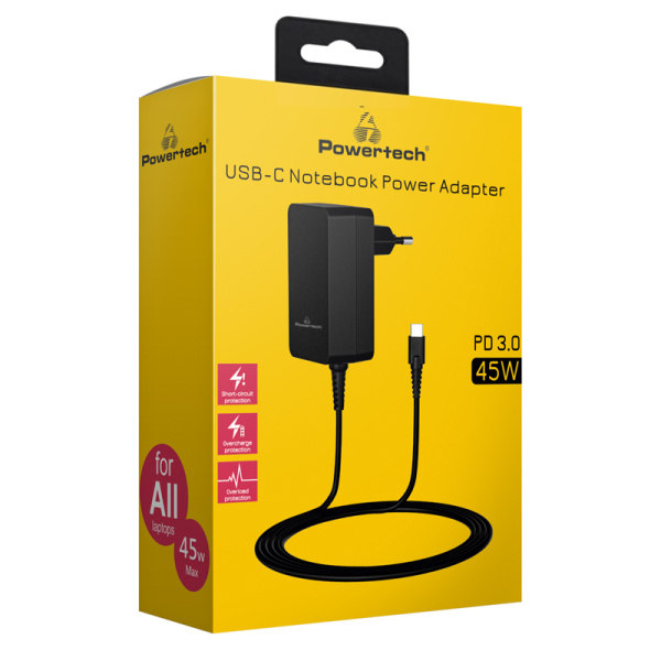 Alternative view of POWERTECH φορτιστής laptop PT-1155, USB-C PD, universal, 45W, μαύρος