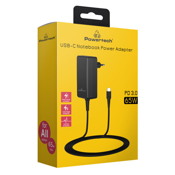 Alternative view of POWERTECH φορτιστής laptop PT-1156, USB-C PD, universal, 65W, μαύρος