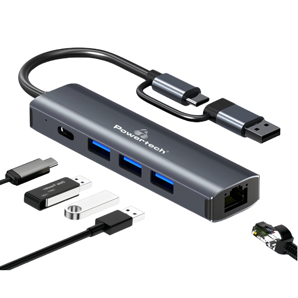 Alternative view of POWERTECH USB hub PTR-0150 με θύρα δικτύου, 4 θυρών, USB & USB-C, γκρι