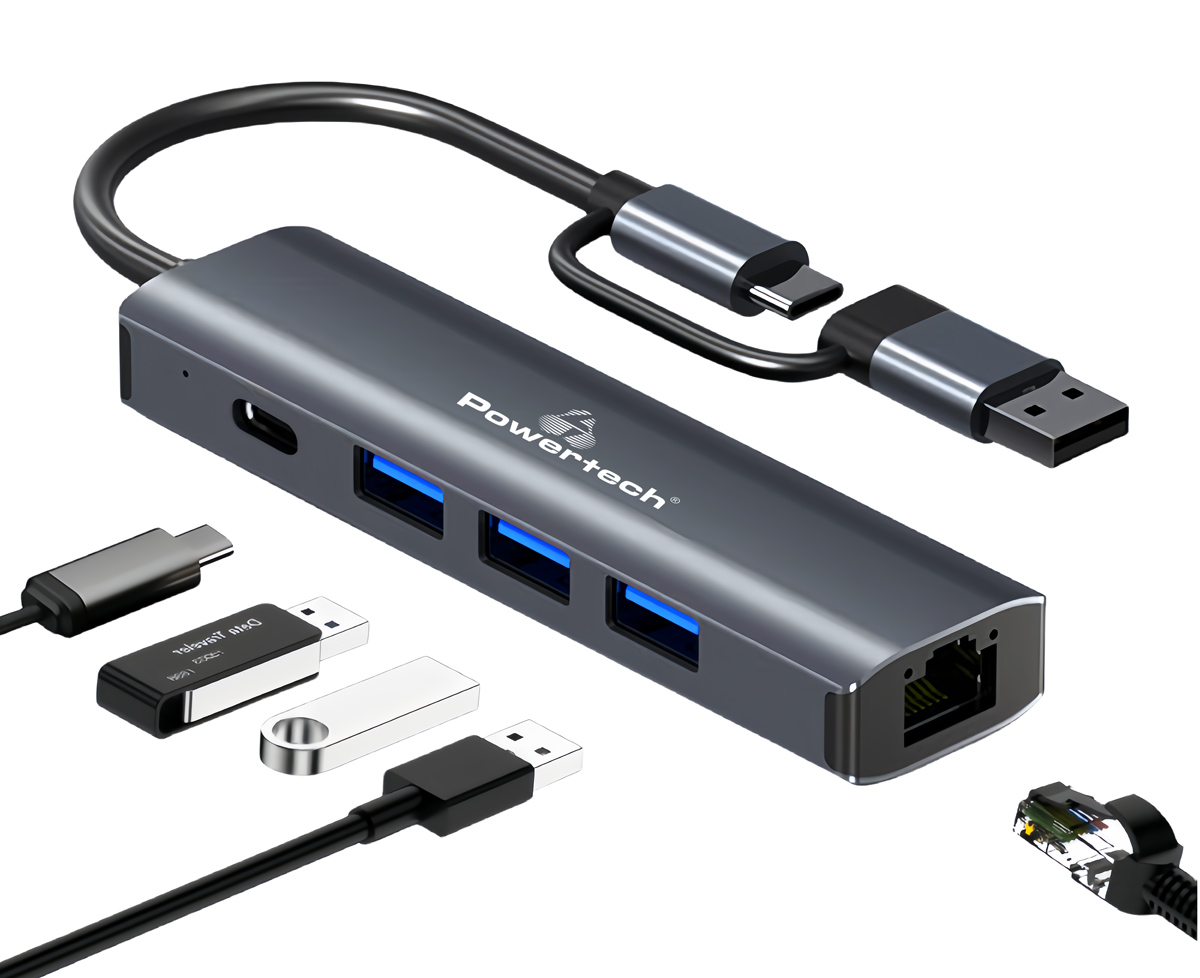 POWERTECH USB hub PTR-0150 με θύρα δικτύου, 4 θυρών, USB & USB-C, γκρι - Image 2