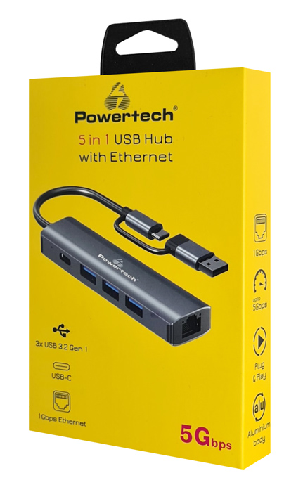 POWERTECH USB hub PTR-0150 με θύρα δικτύου, 4 θυρών, USB & USB-C, γκρι - Image 3