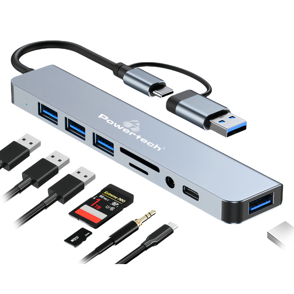 Alternative view of POWERTECH USB hub PTR-0151 με card reader, 8 θυρών, USB & USB-C, γκρι