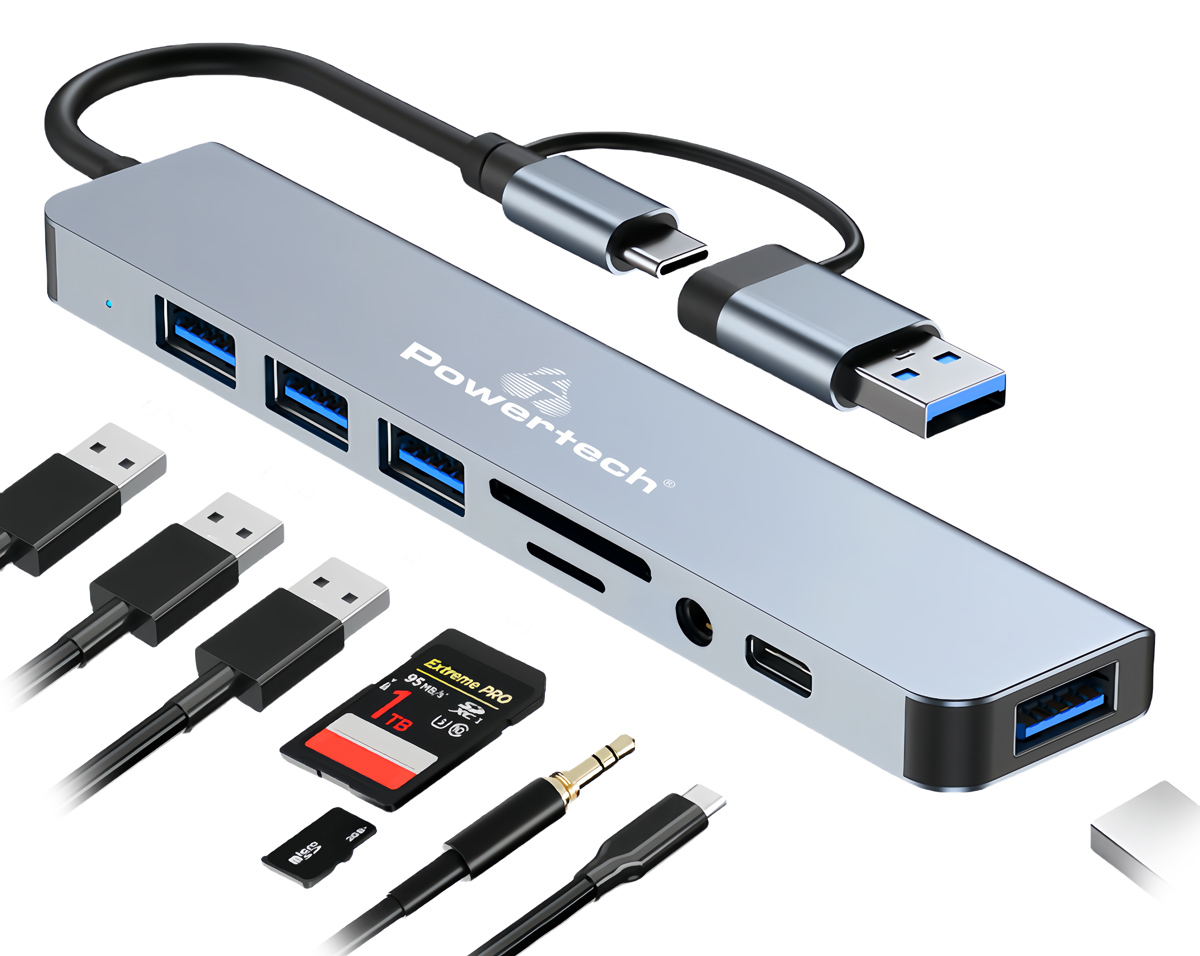 POWERTECH USB hub PTR-0151 με card reader, 8 θυρών, USB & USB-C, γκρι - Image 2