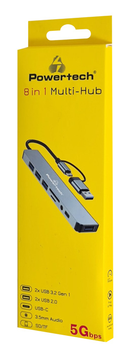 POWERTECH USB hub PTR-0151 με card reader, 8 θυρών, USB & USB-C, γκρι - Image 3