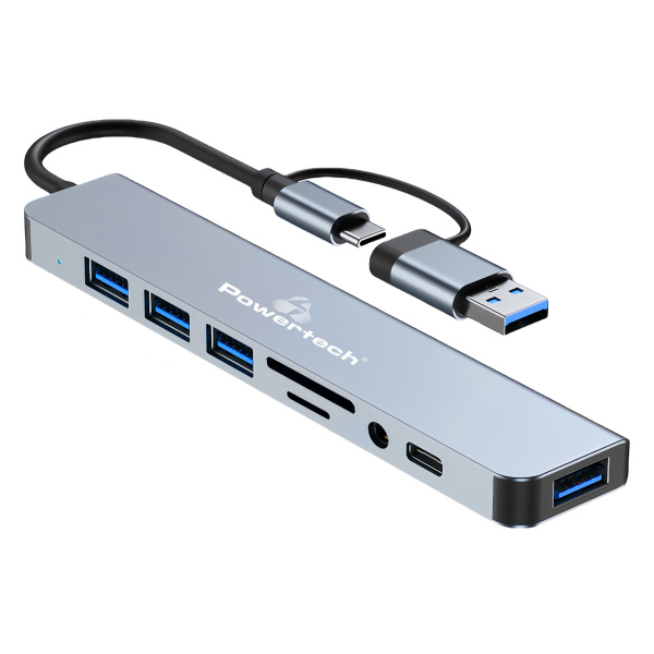 POWERTECH USB hub PTR-0151 με card reader, 8 θυρών, USB & USB-C, γκρι