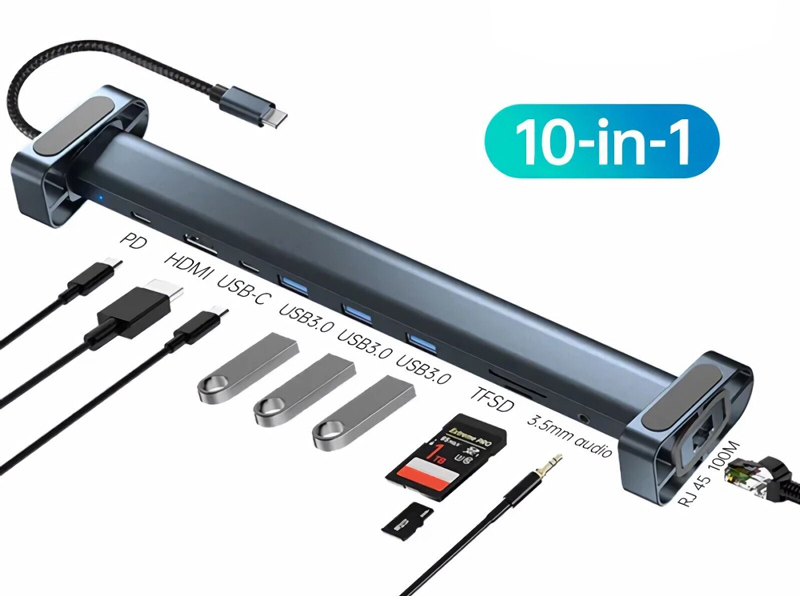 POWERTECH docking station PTR-0152, 10 θυρών, βάση laptop, USB-C, γκρι - Image 3