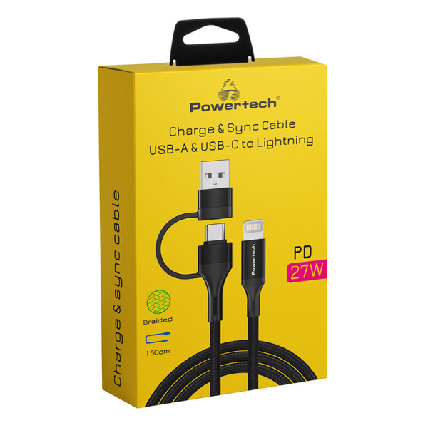 Alternative view of POWERTECH καλώδιο USB & USB-C σε Lightning PTR-0159, PD 27W, copper, 1.5m, μαύρο