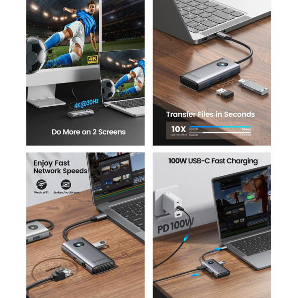 Alternative view of ORICO docking station PW11-6PR, 6 θυρών, USB-C σύνδεση, 100W PD 4K, γκρι