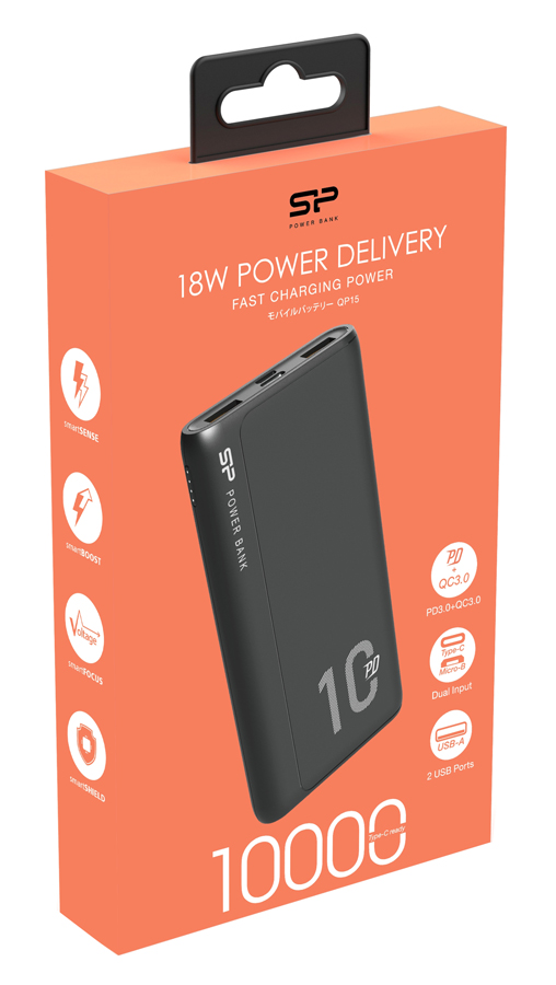 SILICON POWER power bank QP15, 10000mAh, 2x USB & USB Type-C, 3A, μαύρο - Image 4