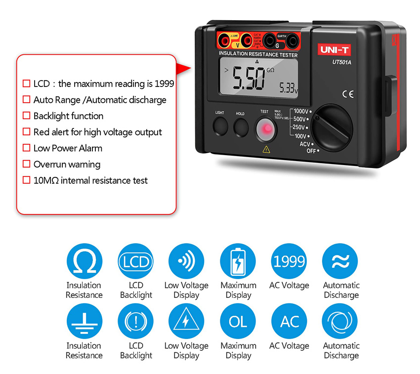 UNI-T Tester μόνωσης UT501A, 100V/250V/500V/1000V - Image 4