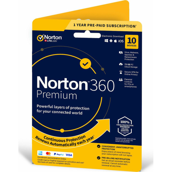 Norton 360 without Subscription (10 Devices - 1 Year) Premium incl. 75GB Ηλεκτρονική Άδεια
