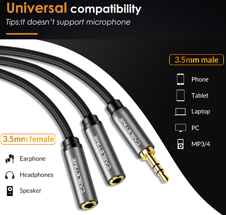CABLETIME καλώδιο ήχου 3.5mm σε 2x 3.5mm CT-P12G, 3-pole, 20cm, μαύρο - Image 2
