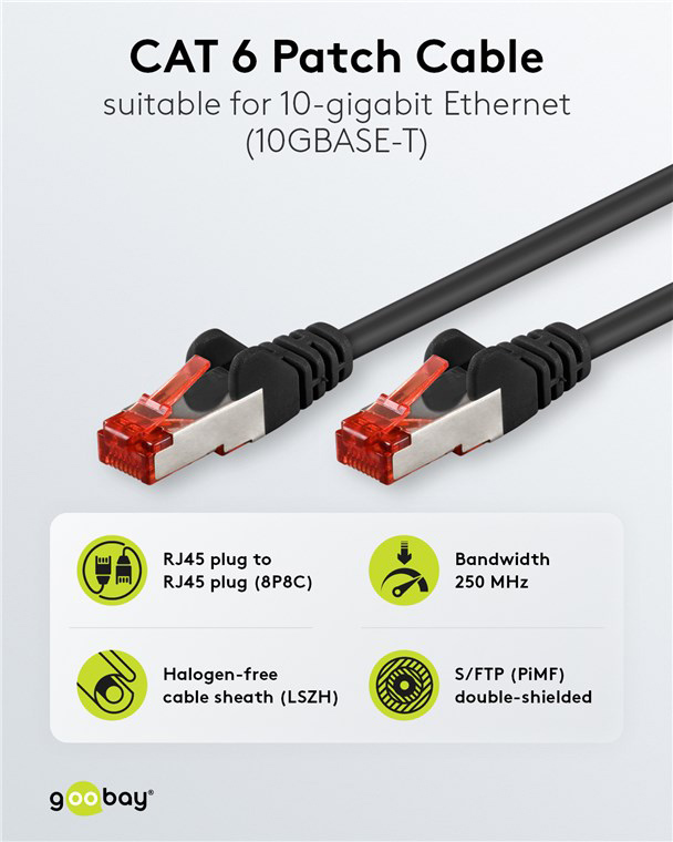 GOOBAY καλώδιο δικτύου 68687, CAT 6 S/FTP, 250MHz, copper, 0.5m, μαύρο - Image 2