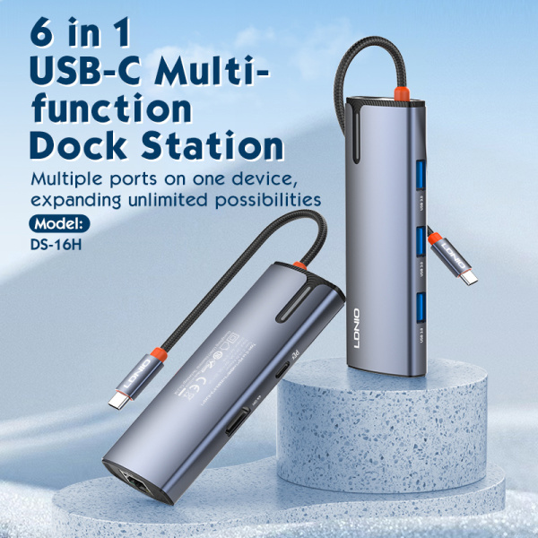 Alternative view of LDNIO docking station DS-16H, 6 θυρών, USB-C σύνδεση, 4K, 100W PD, γκρι