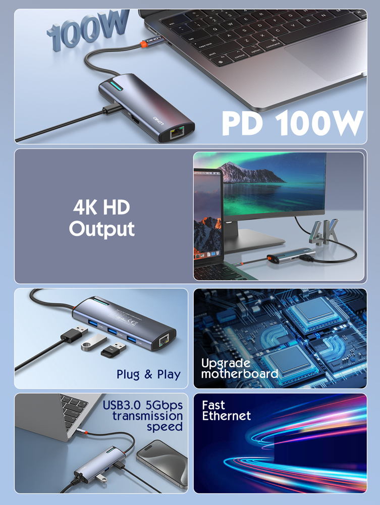LDNIO docking station DS-16H, 6 θυρών, USB-C σύνδεση, 4K, 100W PD, γκρι - Image 7