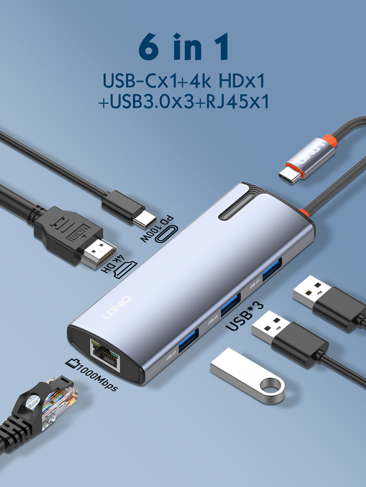 LDNIO docking station DS-16H, 6 θυρών, USB-C σύνδεση, 4K, 100W PD, γκρι - Image 8