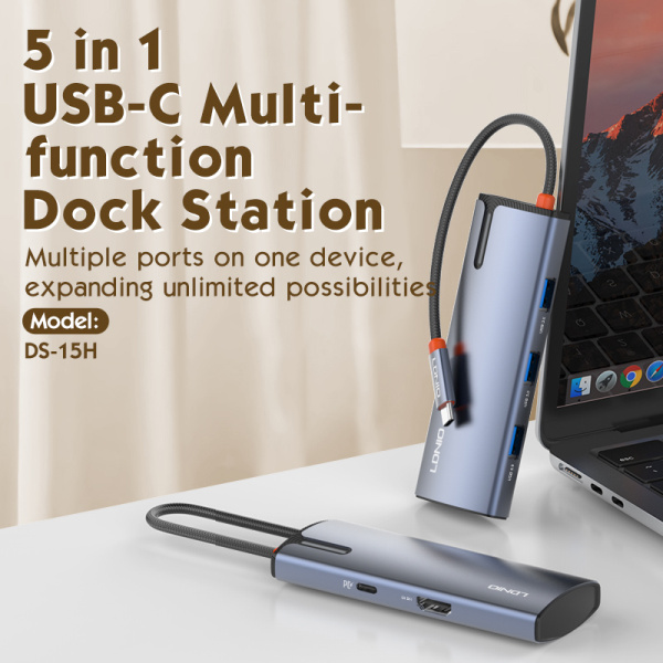 Alternative view of LDNIO docking station DS-15H, 5 θυρών, USB-C σύνδεση, 4K, 100W PD, γκρι