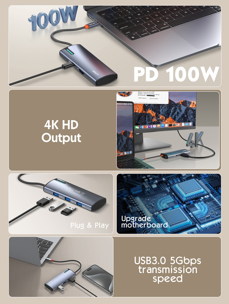 LDNIO docking station DS-15H, 5 θυρών, USB-C σύνδεση, 4K, 100W PD, γκρι - Image 6