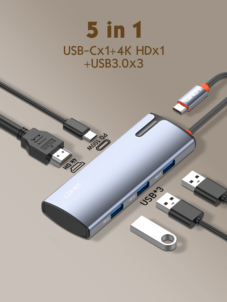 LDNIO docking station DS-15H, 5 θυρών, USB-C σύνδεση, 4K, 100W PD, γκρι - Image 7