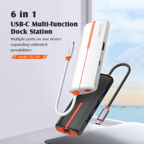 Alternative view of LDNIO docking station DS-26H, 6 θυρών, USB-C σύνδεση, 4K, 100W PD, λευκό