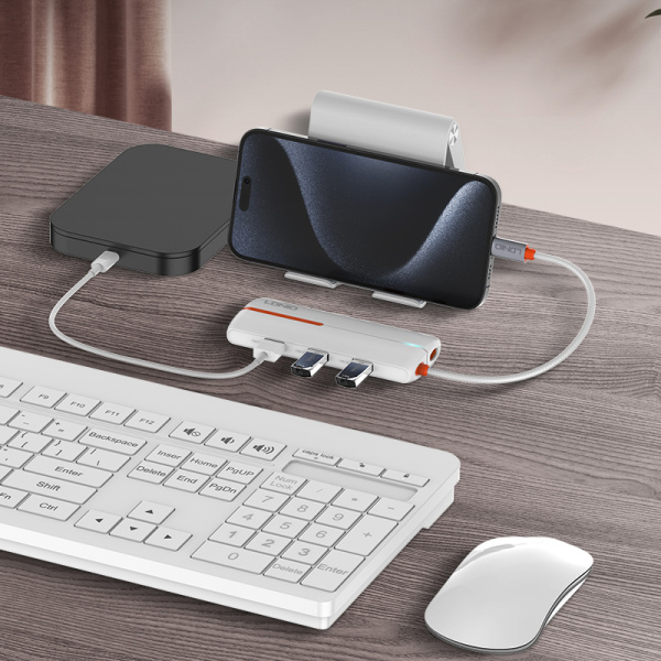 Alternative view of LDNIO USB hub DS-26U με θύρα δικτύου, 6 θυρών, USB-C σύνδεση, 100W PD, λευκό