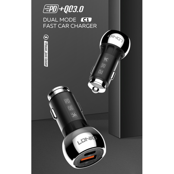 Alternative view of LDNIO φορτιστής αυτοκινήτου C1 με καλώδιο, USB & USB-C, 38W PD, μαύρος