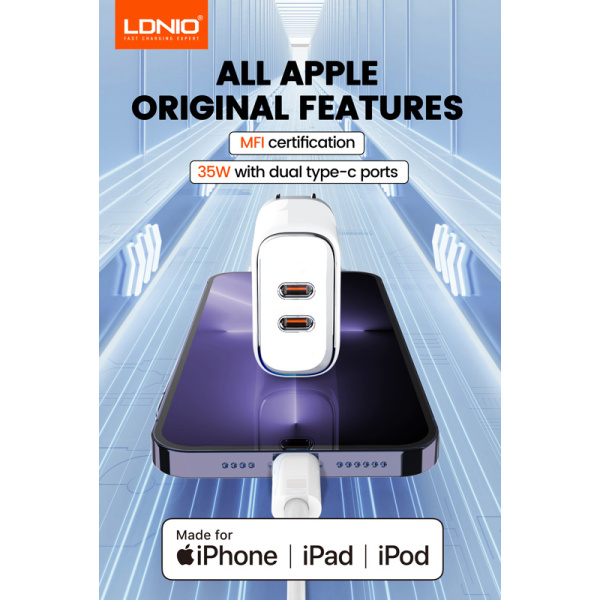 Alternative view of LDNIO φορτιστής τοίχου A2528M με καλώδιο, 2x USB-C, 35W, MFi, λευκό