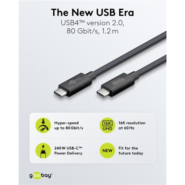 Alternative view of GOOBAY καλώδιο USB-C 74376, USB4, 240W, 80Gbps, 16K/60Hz, 1.2m, μαύρο