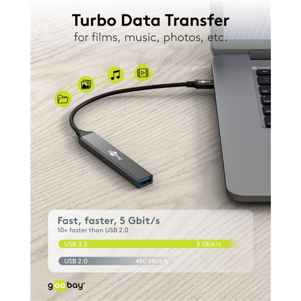 Alternative view of GOOBAY USB hub 74458, 4x θυρών, USB 3.2, 5Gbps, USB σύνδεση, γκρι