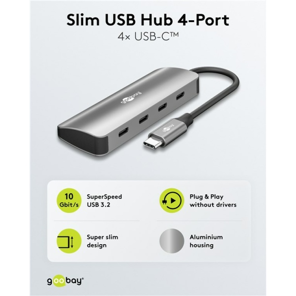 Alternative view of GOOBAY USB hub 76565, 4x θυρών, USB 3.2, 10Gbps, USB-C σύνδεση, γκρι