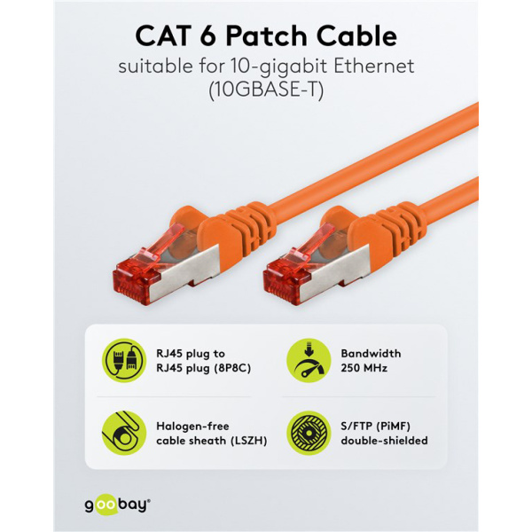 Alternative view of GOOBAY καλώδιο δικτύου 93340, CAT 6 S/FTP, copper, 250MHz, 0.25m, πορτοκαλί