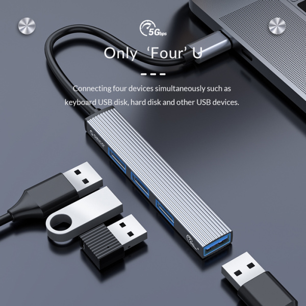 Alternative view of ORICO USB hub AH-13, 4x θυρών, USB 3.0, 5Gbps, USB-C σύνδεση, γκρι